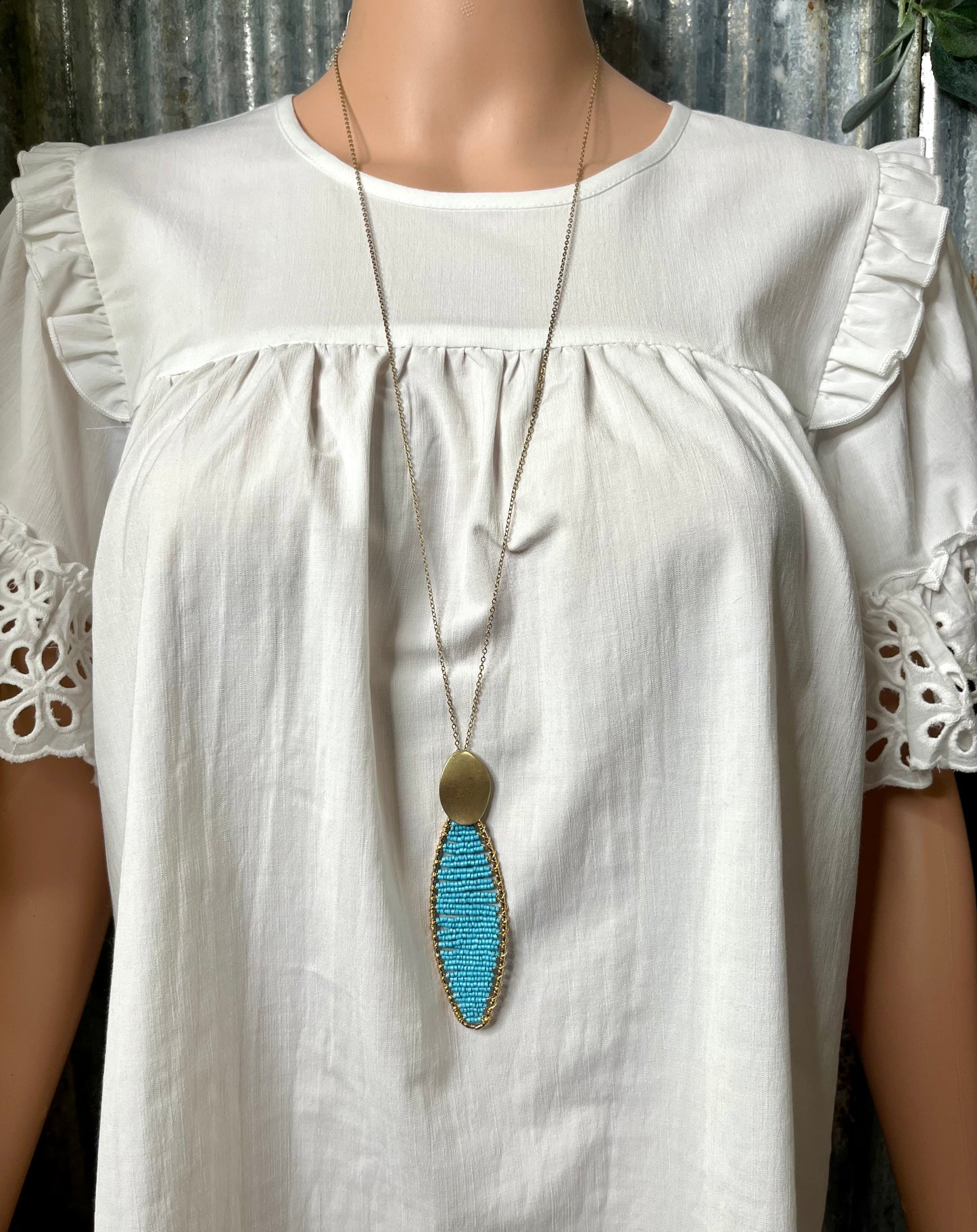 Blue Beaded Leaf Necklace