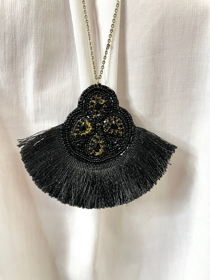 Black Beaded Tassel Necklace