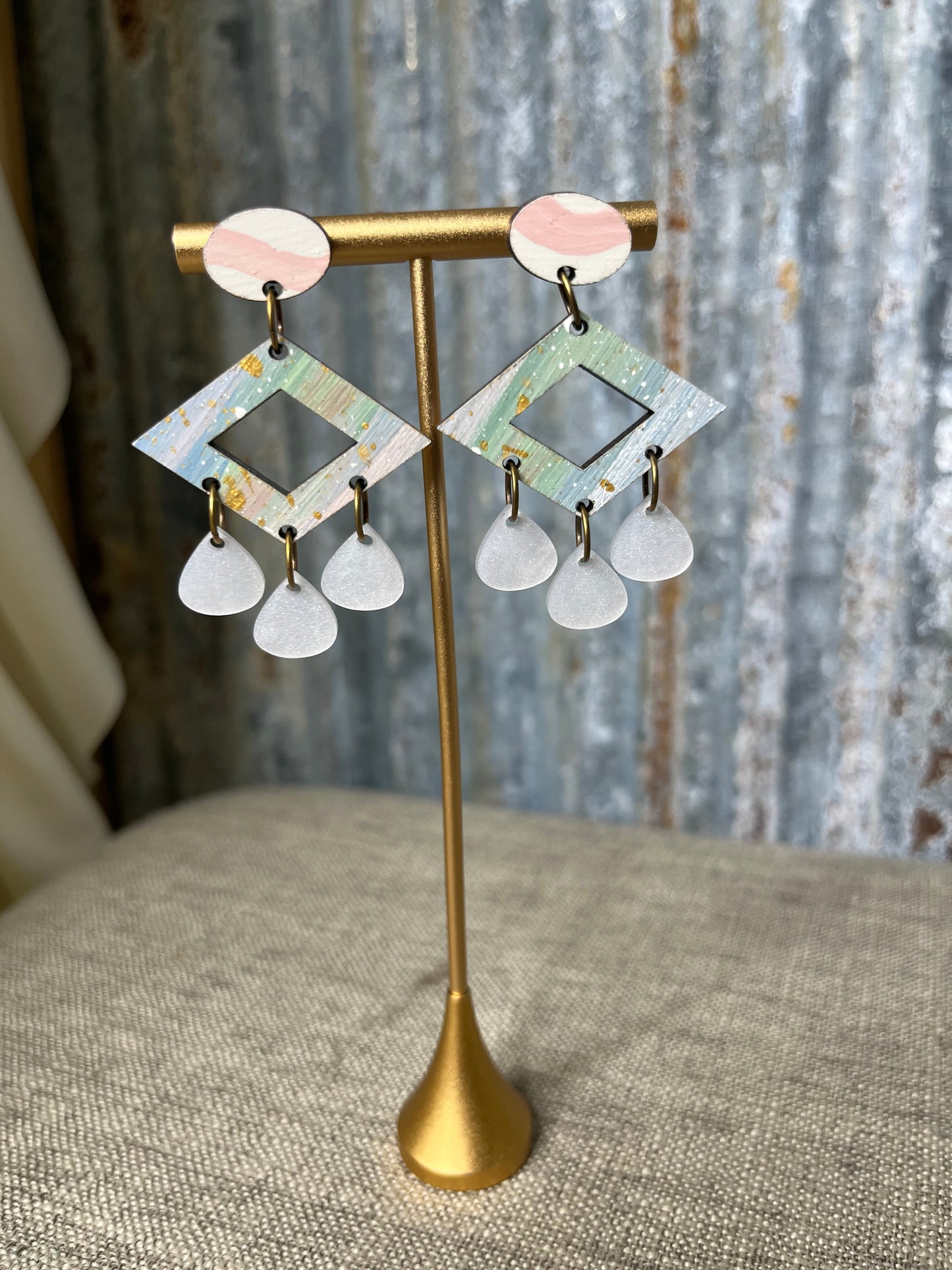 Wooden Earrings with White Teardrop