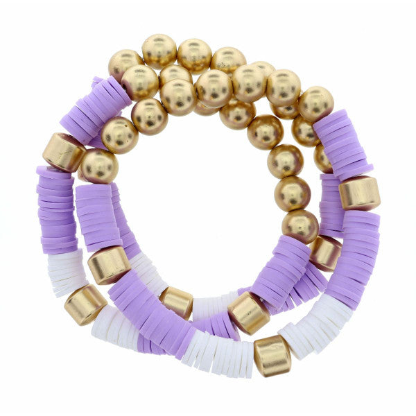 3 STRAND, METAL BEADS & LAVENDER WITH WHITE RUBBER SEQUINS BRACELET
