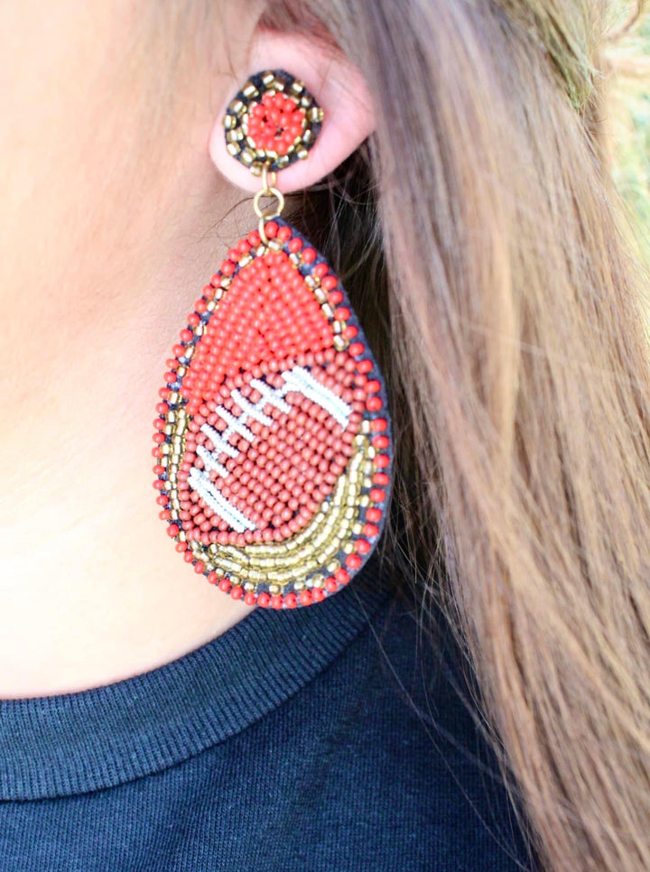 Red Beaded Football Earrings