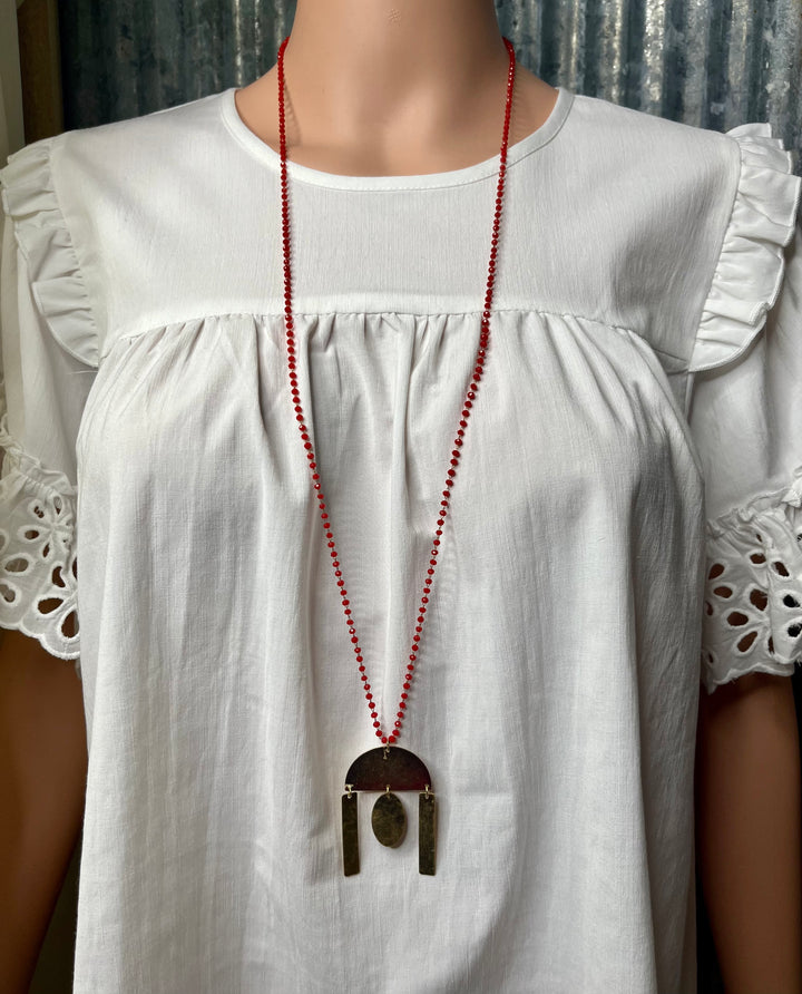Red Beaded Necklace with Gold Pendant