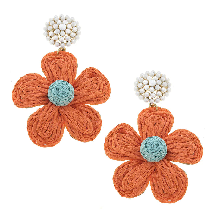 Claire Raffia Flower Pearl Drop Earrings