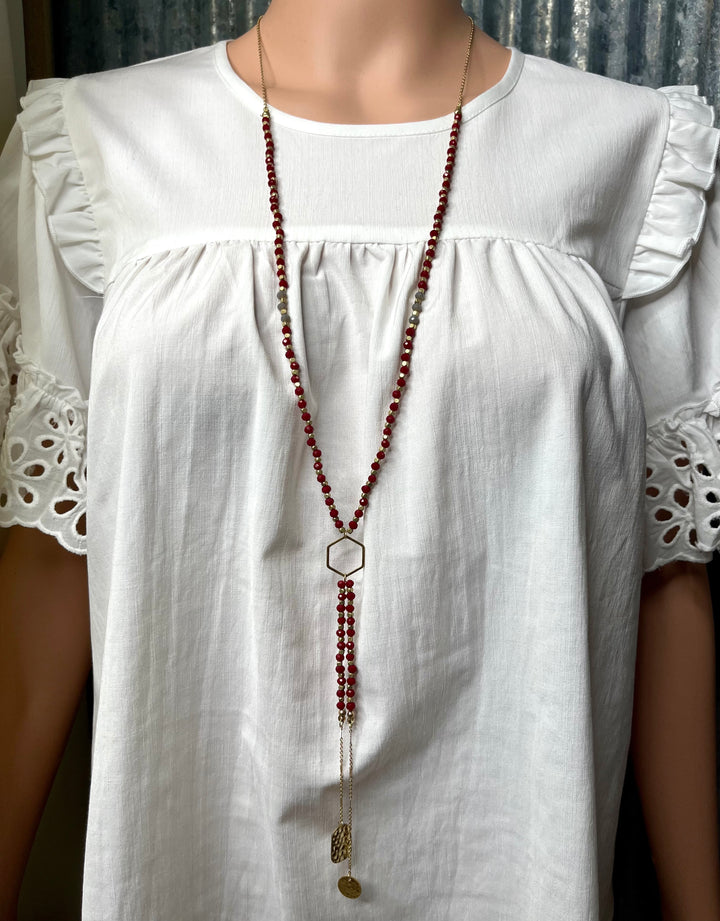 Dark Red Hexagon Dangle Necklace