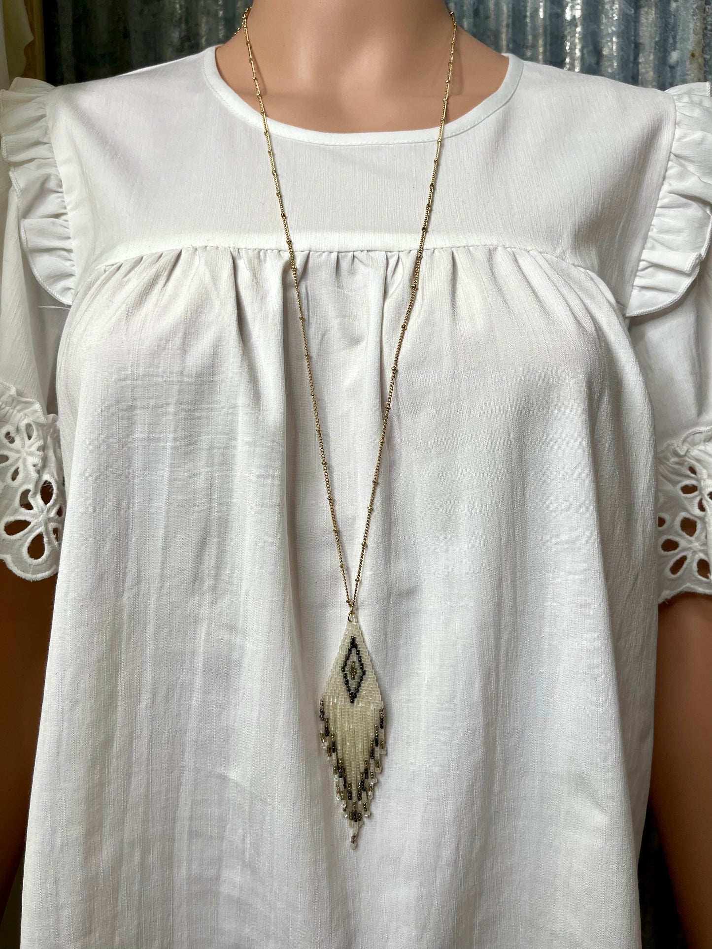 White, Grey, Gold Fringe Necklace