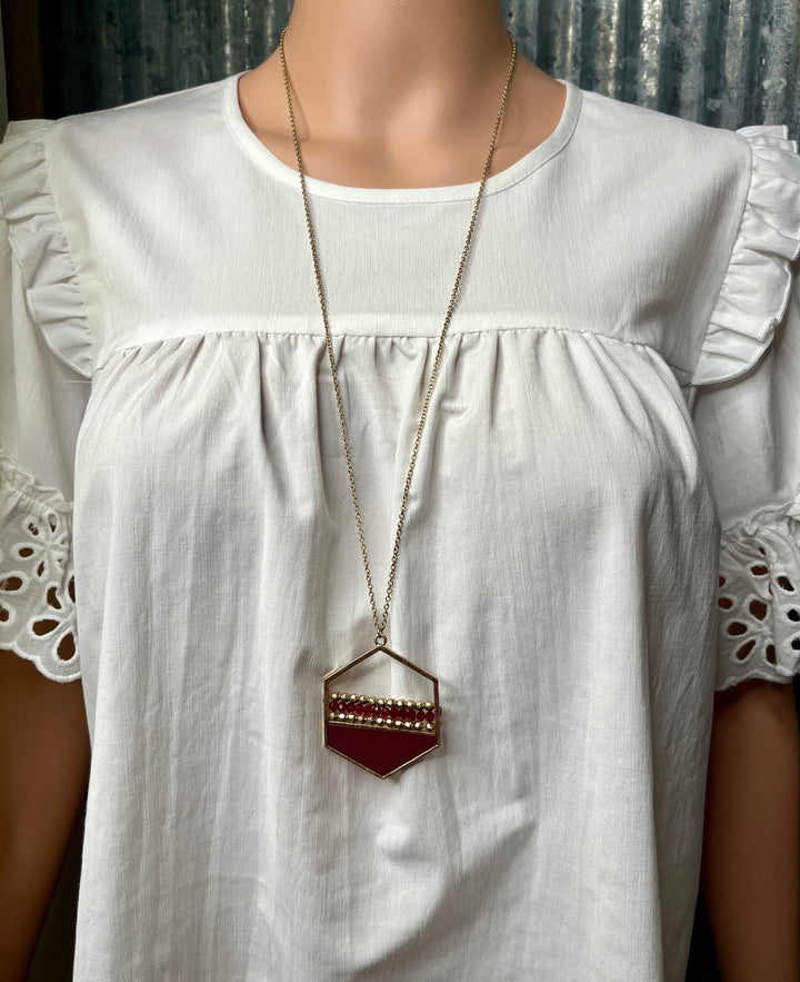 Maroon Leather Hexagon Necklace