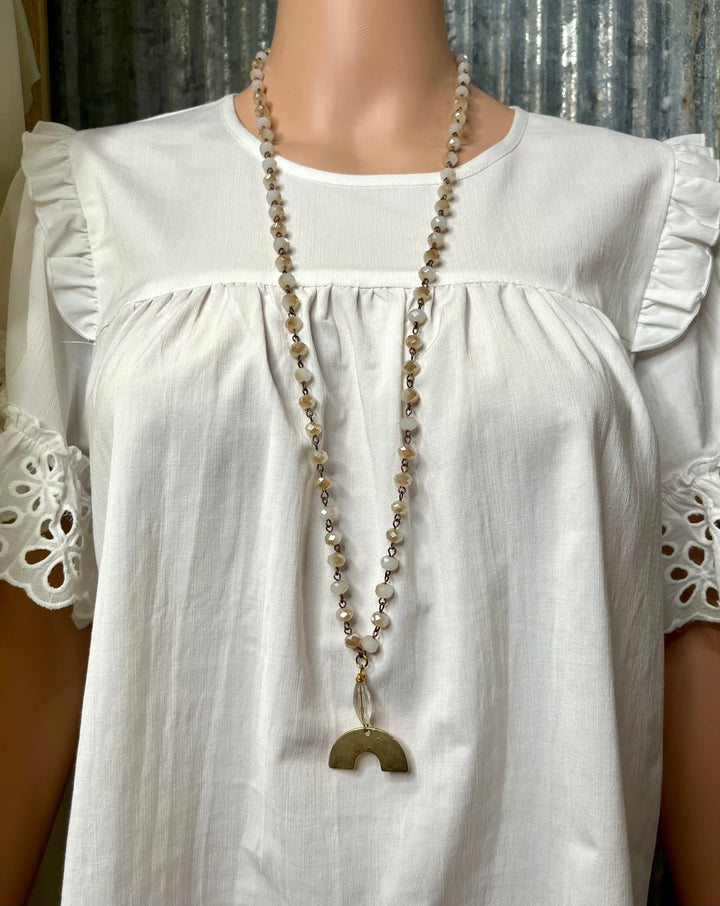 Ivory Beaded Necklace with Rainbow Pendant