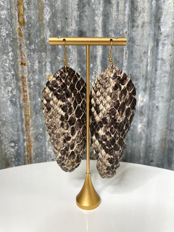 Leather Snakeskin Feather Earrings