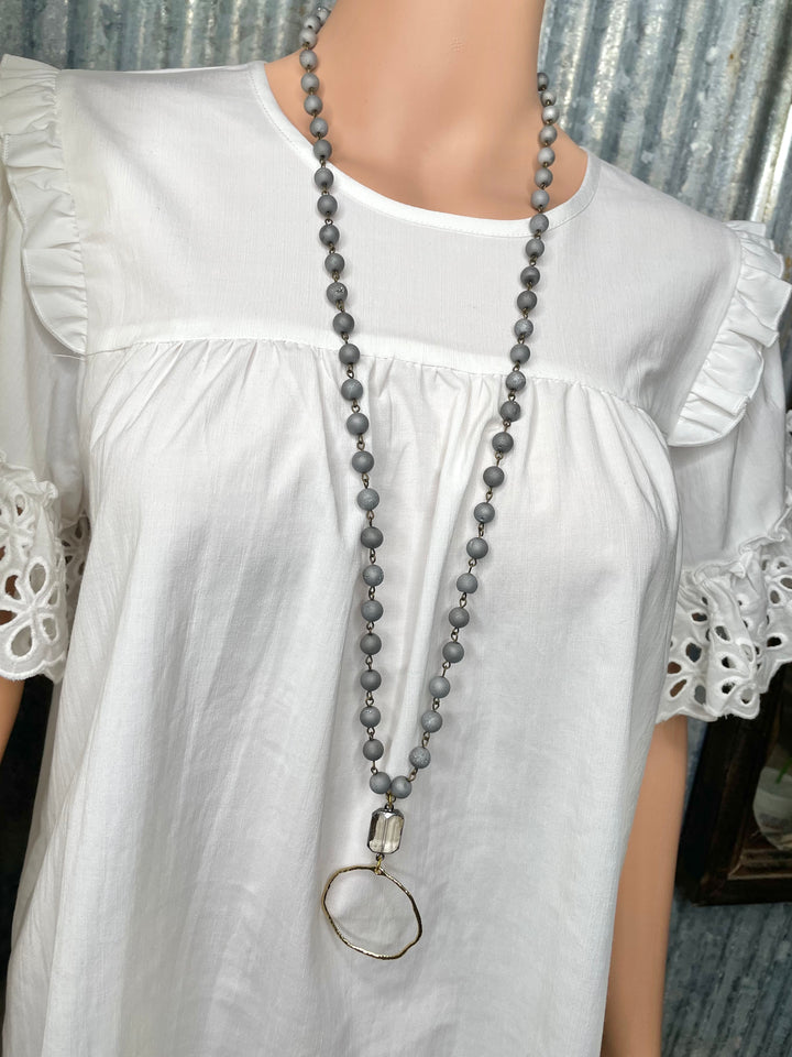 Grey Beaded Necklace with Gold Hammered Pendant
