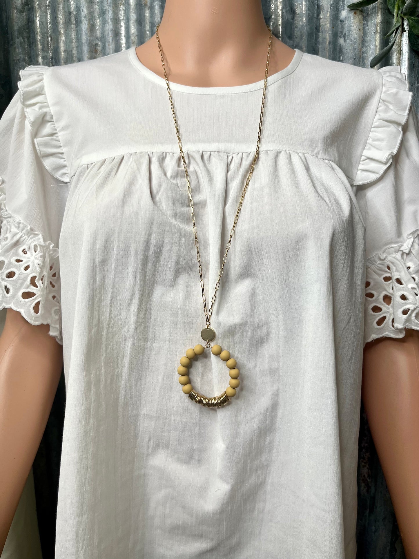Mustard Clay Ball with Gold Disks Necklace