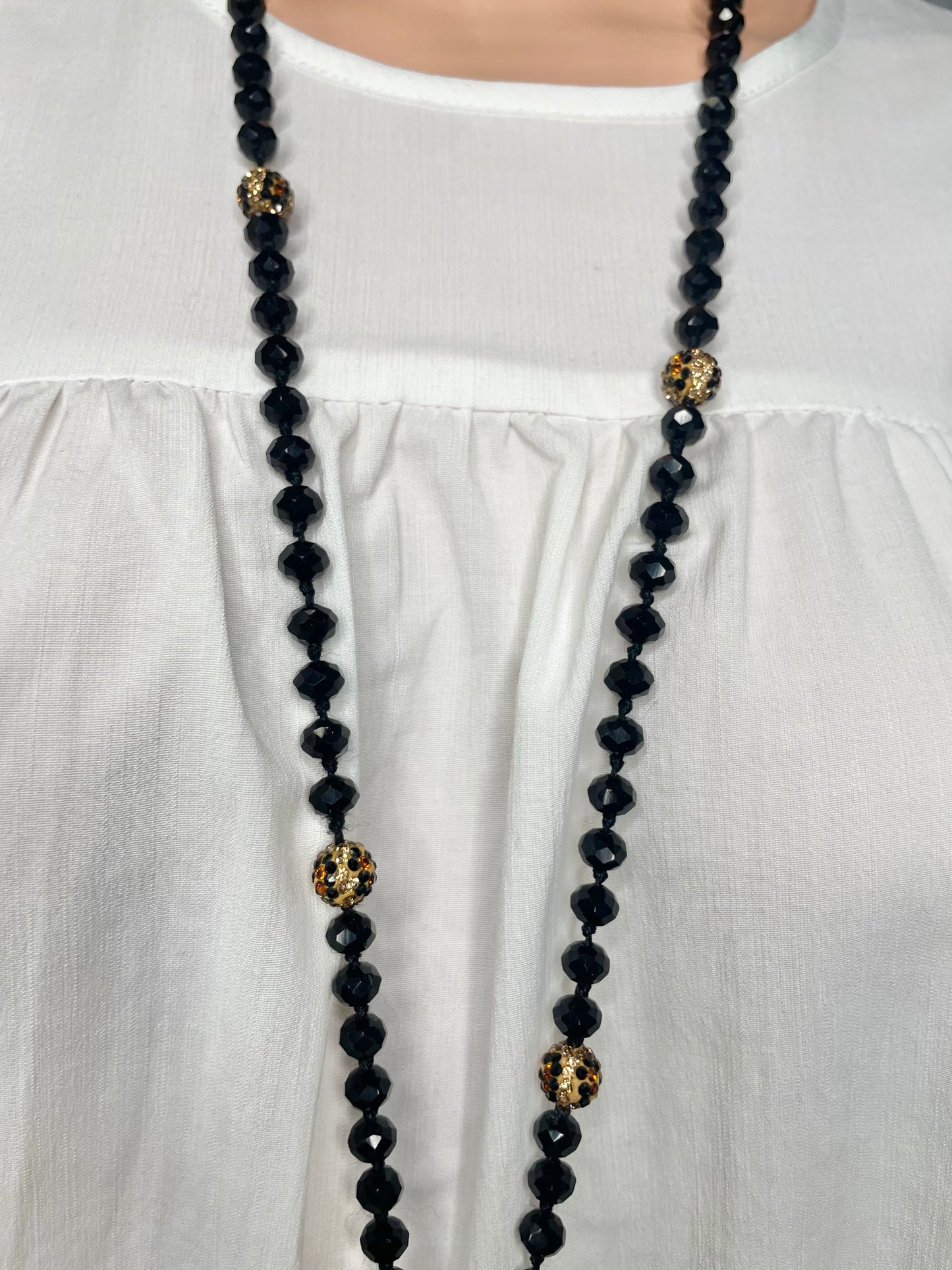 Black Beaded Wrap Necklace with Diamond Cheetah Beads