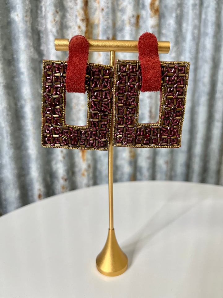 Garnet & Gold Beaded Square Earrings
