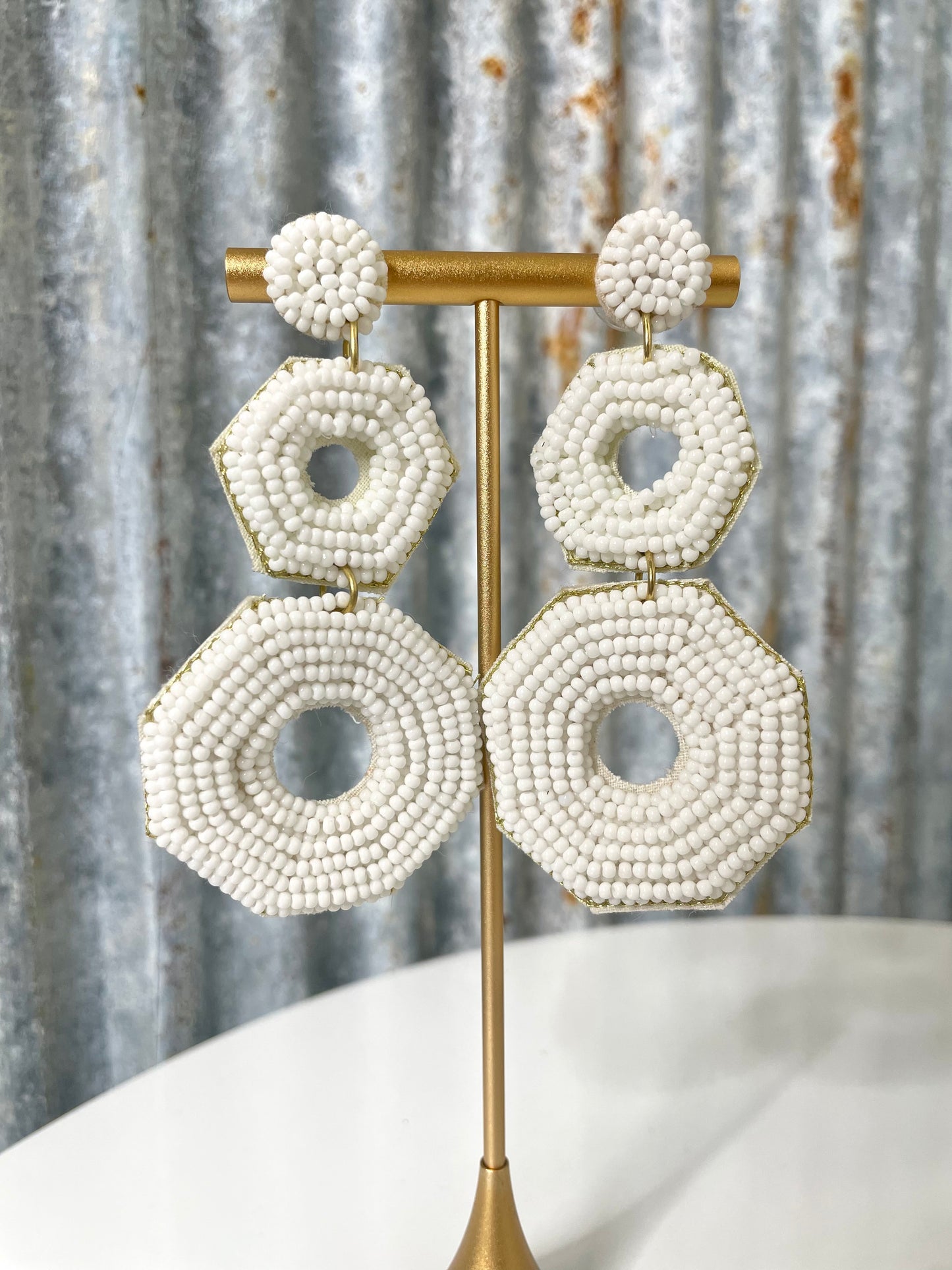 Beaded White Hexagon Earrings