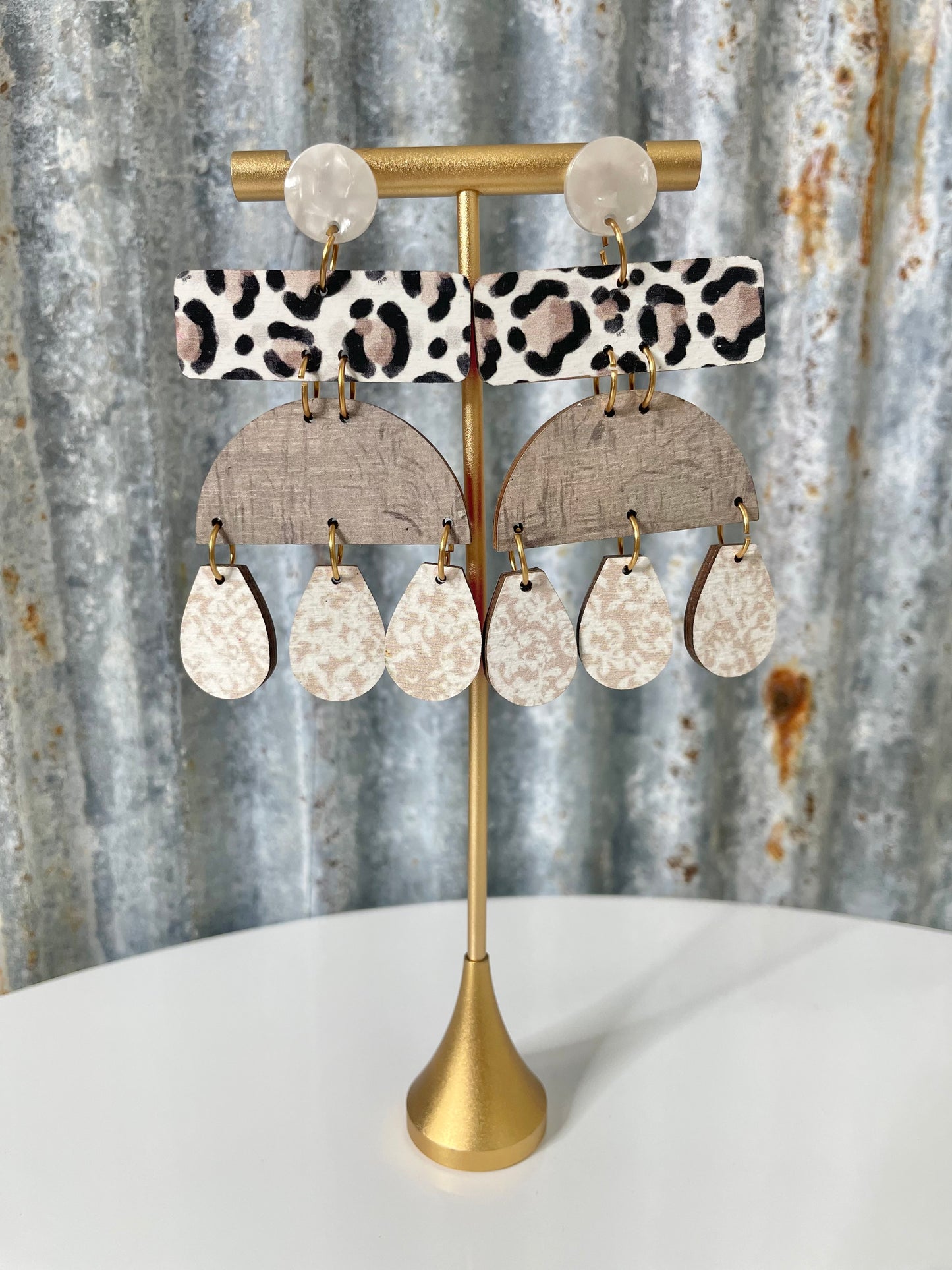 Taupe Leopard Wood Earrings