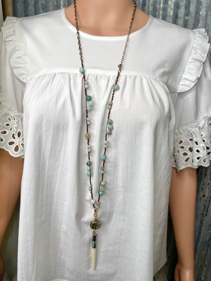 Aqua Beaded Horn Necklace