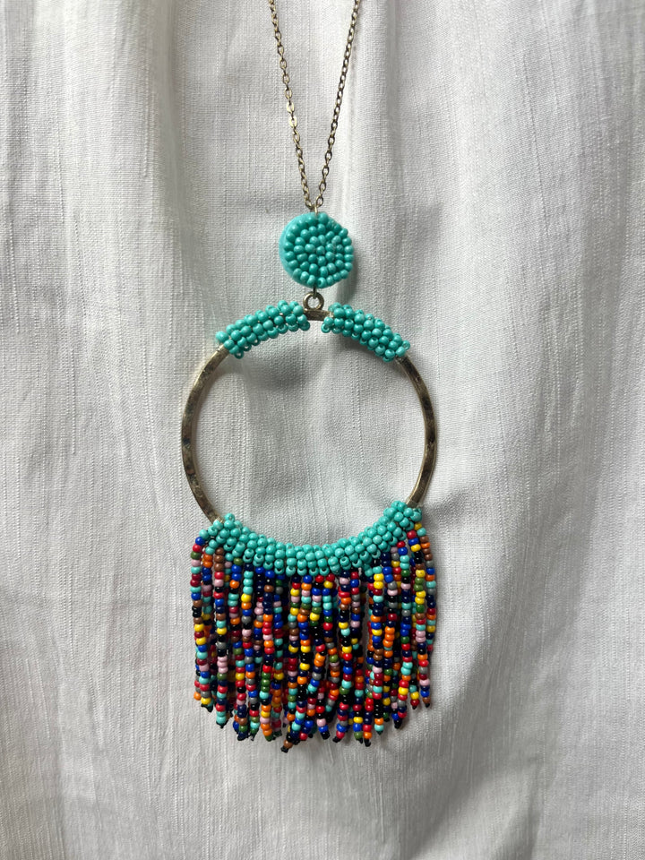 Teal Beaded Necklace with Multi Fringe
