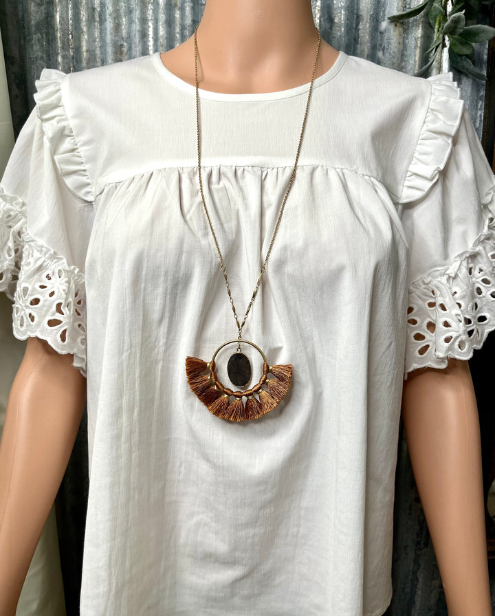 Brown Tassel Circle Necklace with Stone