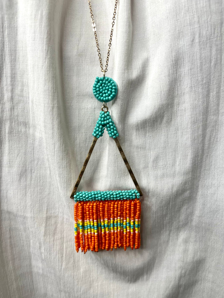 Orange & Blue Beaded Fringe Triangle Necklace