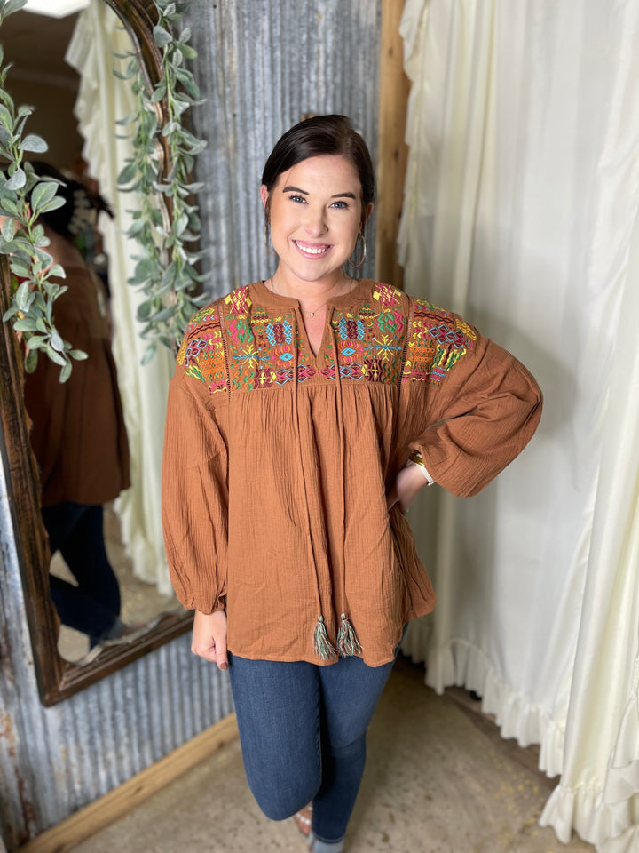 Toffee Embroidered Top