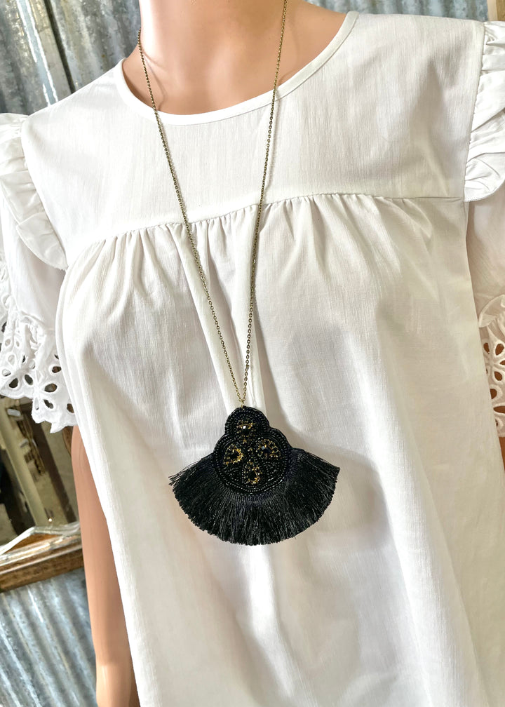 Black Beaded Tassel Necklace