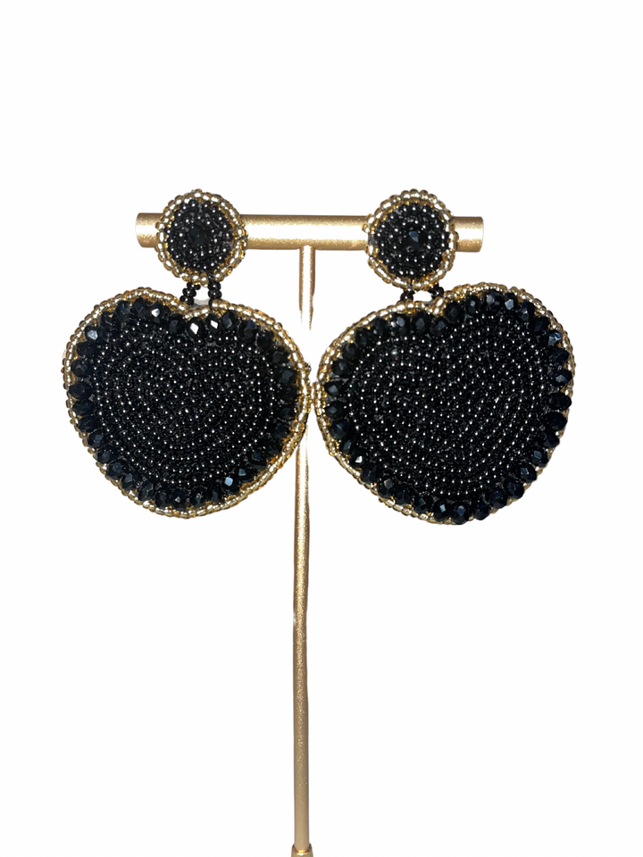 Black Beaded Heart Earrings
