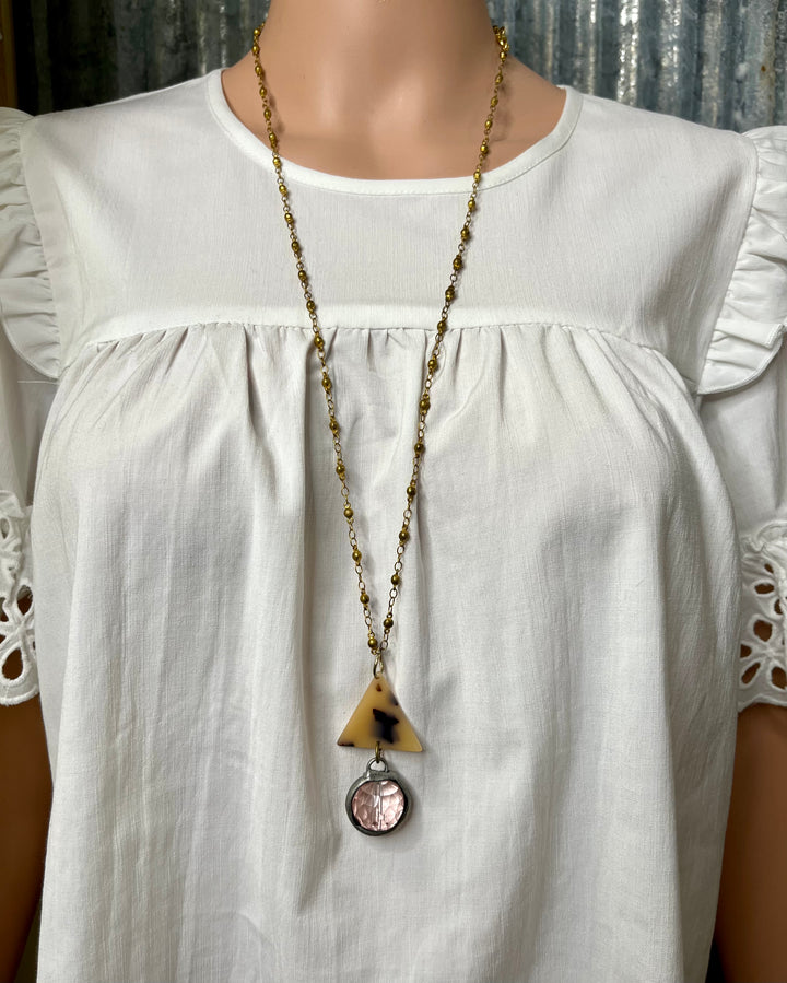 Tortoise Triangle Necklace with Pink Crystal Ball