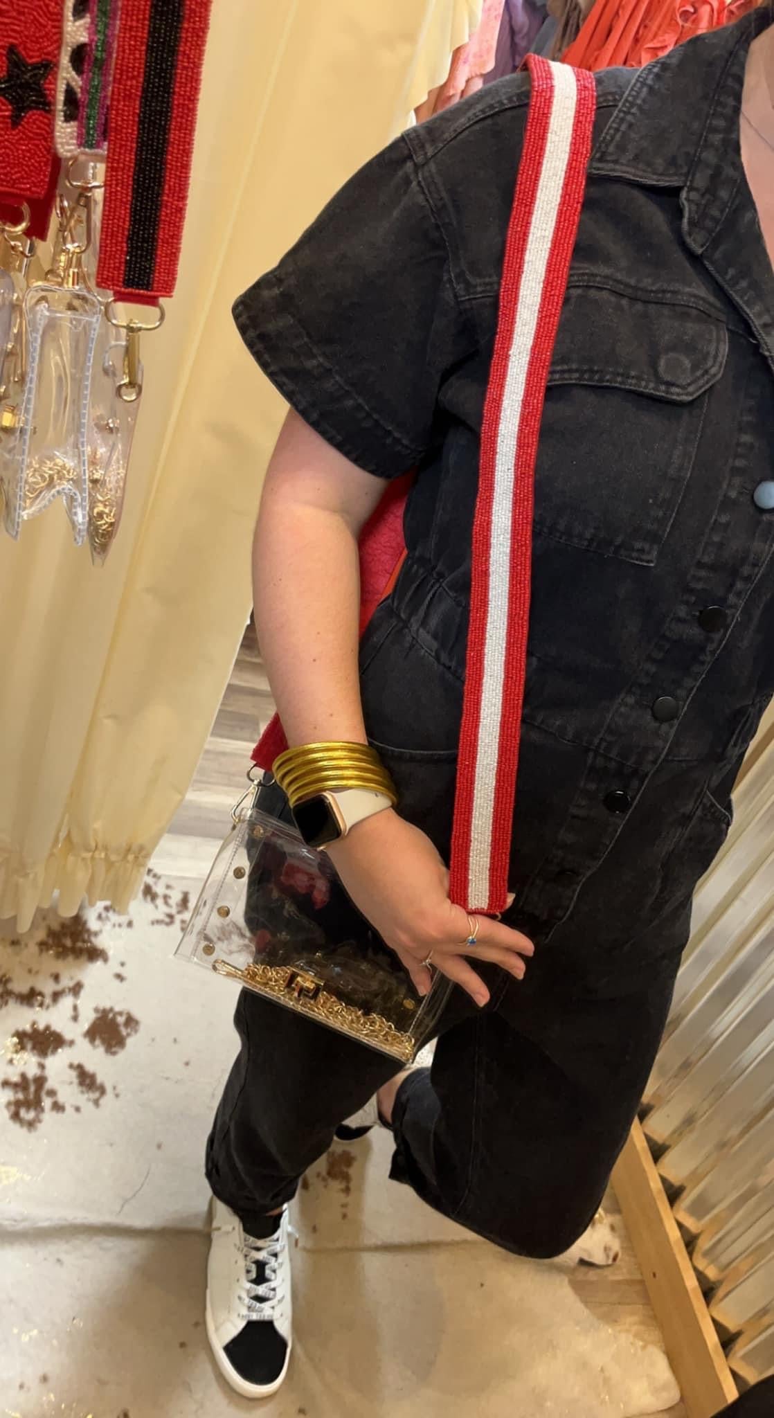 Red & White Stripe Beaded Purse Strap & Clear Bag