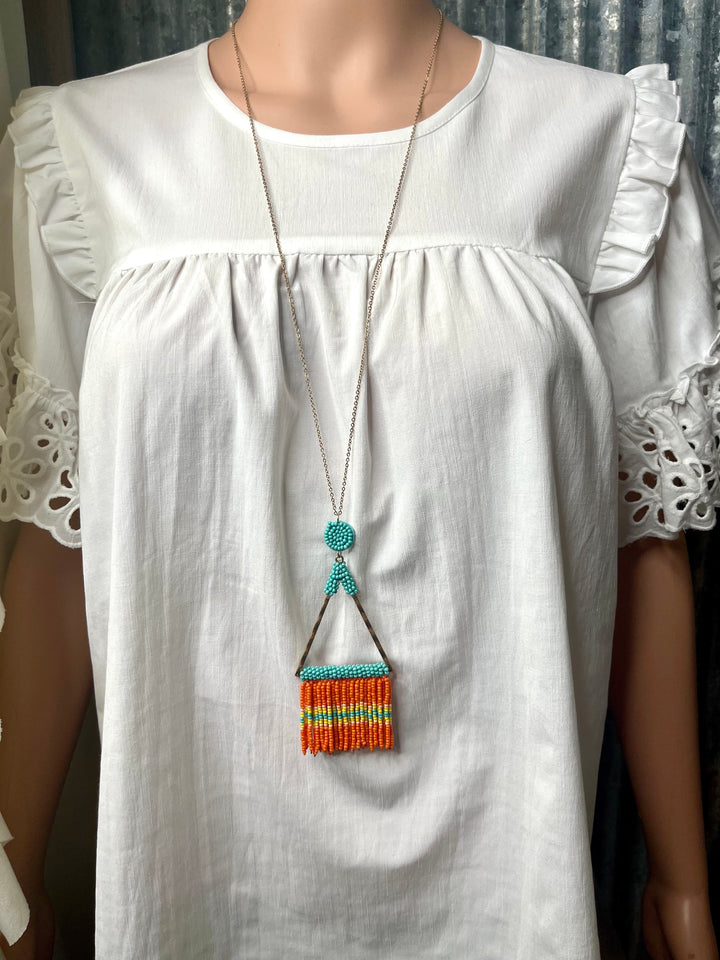 Orange & Blue Beaded Fringe Triangle Necklace