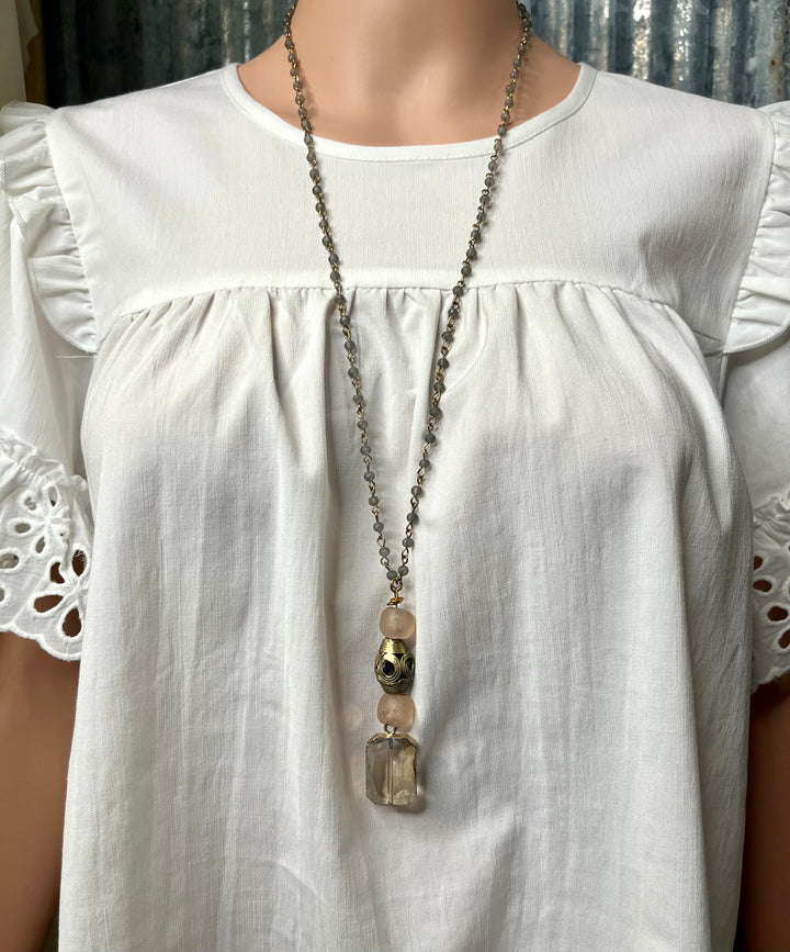 Pink Beaded Necklace with Crystal Pendant