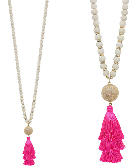 Satin Ball & Tassel Pendant Wood Long Necklace