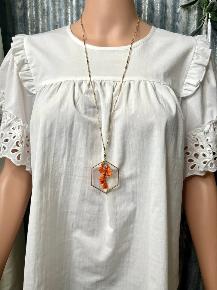 Gold Hexagon with Orange Tassel Necklace