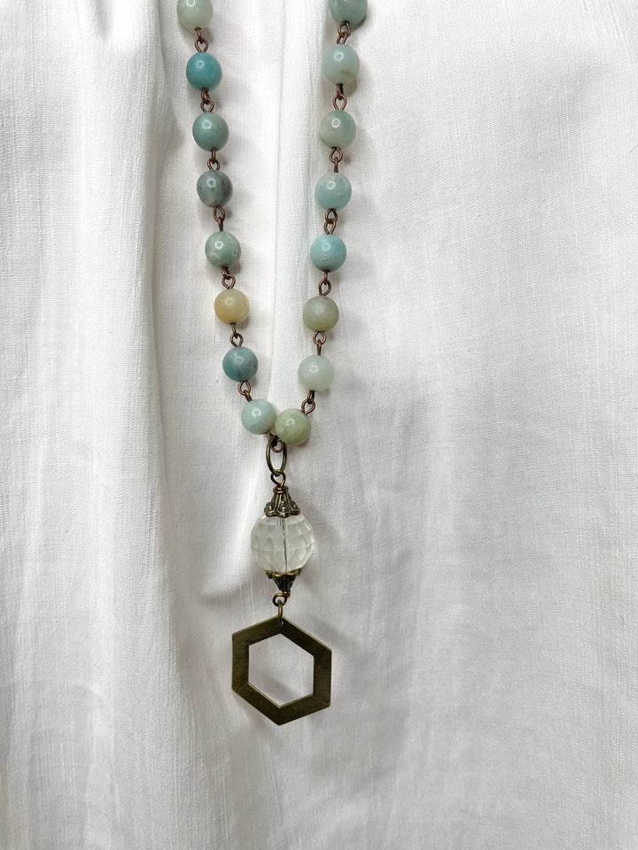 Aqua Beaded Hexagon Necklace
