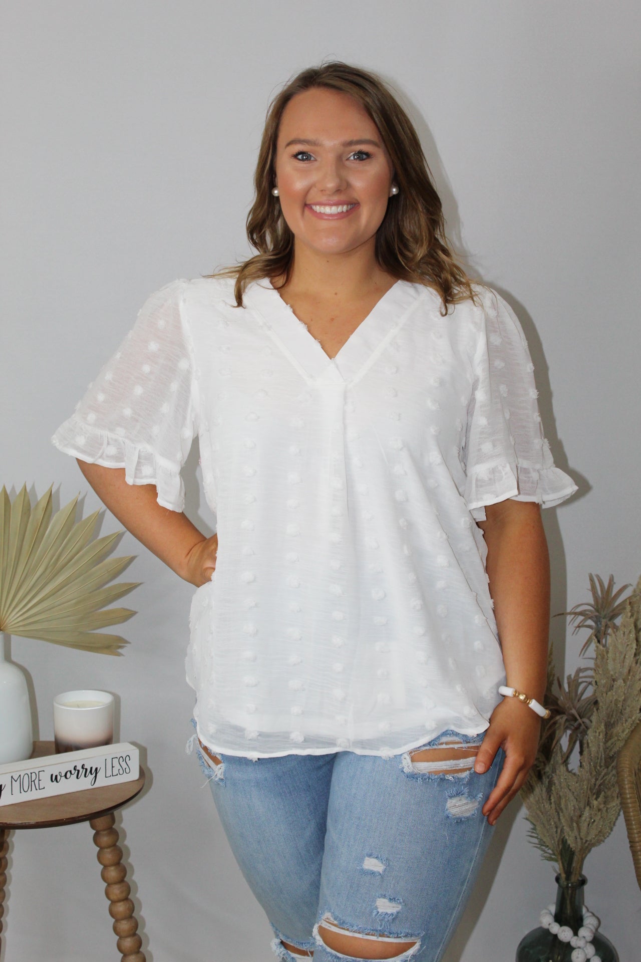 White V-Neck Swiss Dot Top