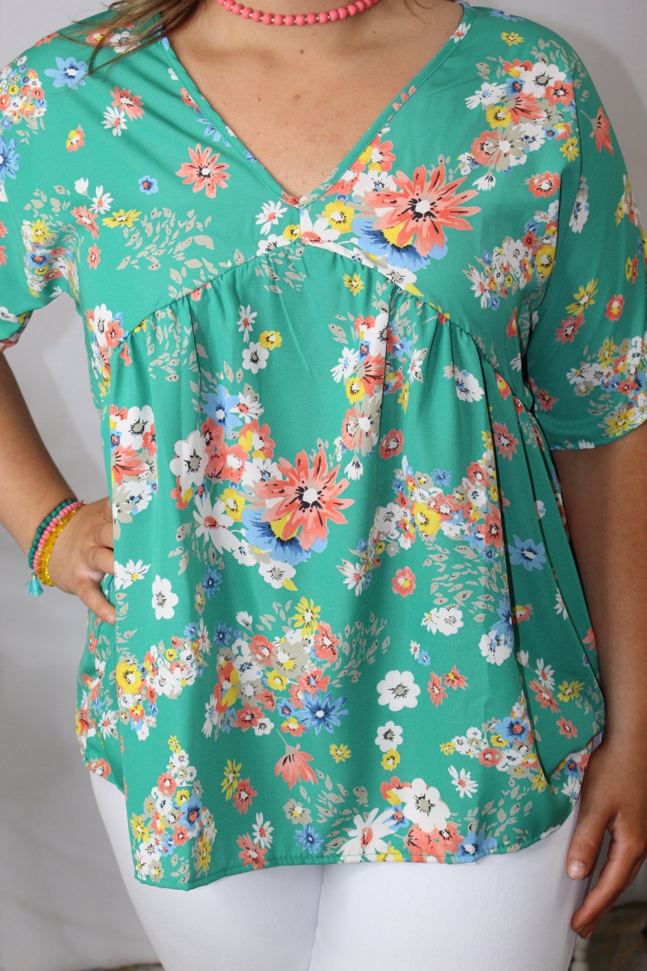 Kelly Green Floral V Neck Top