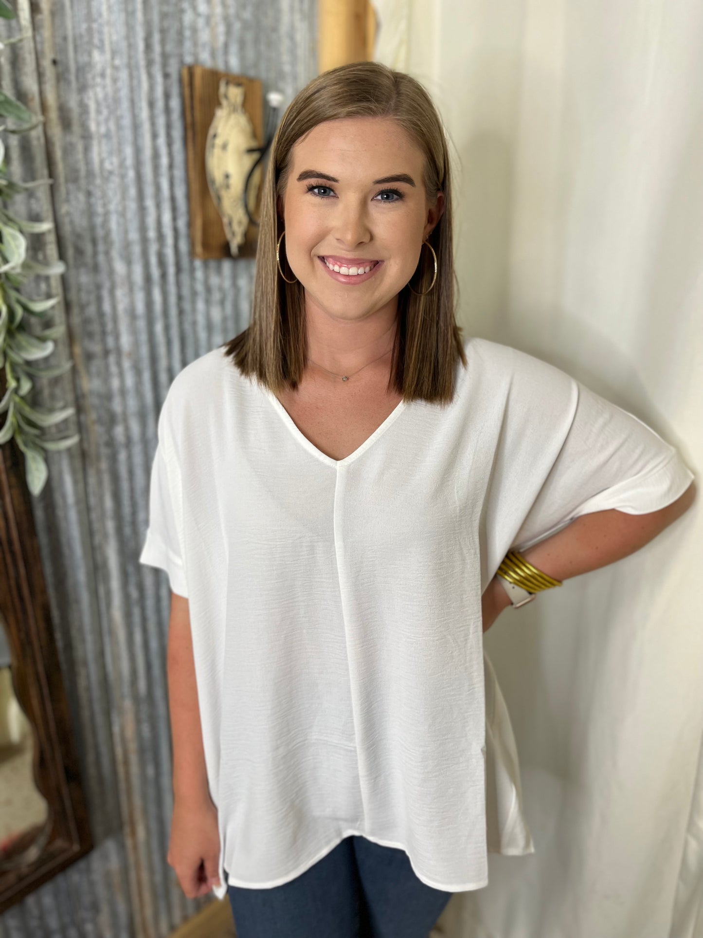 Woven Airflow V-Neck Dolman Short Sleeve Top