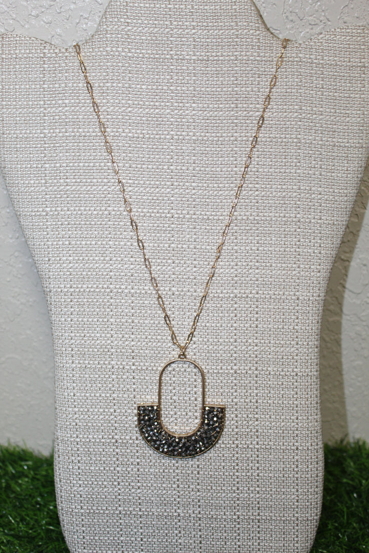 Gold Oval Pendant with Half Moon Necklace