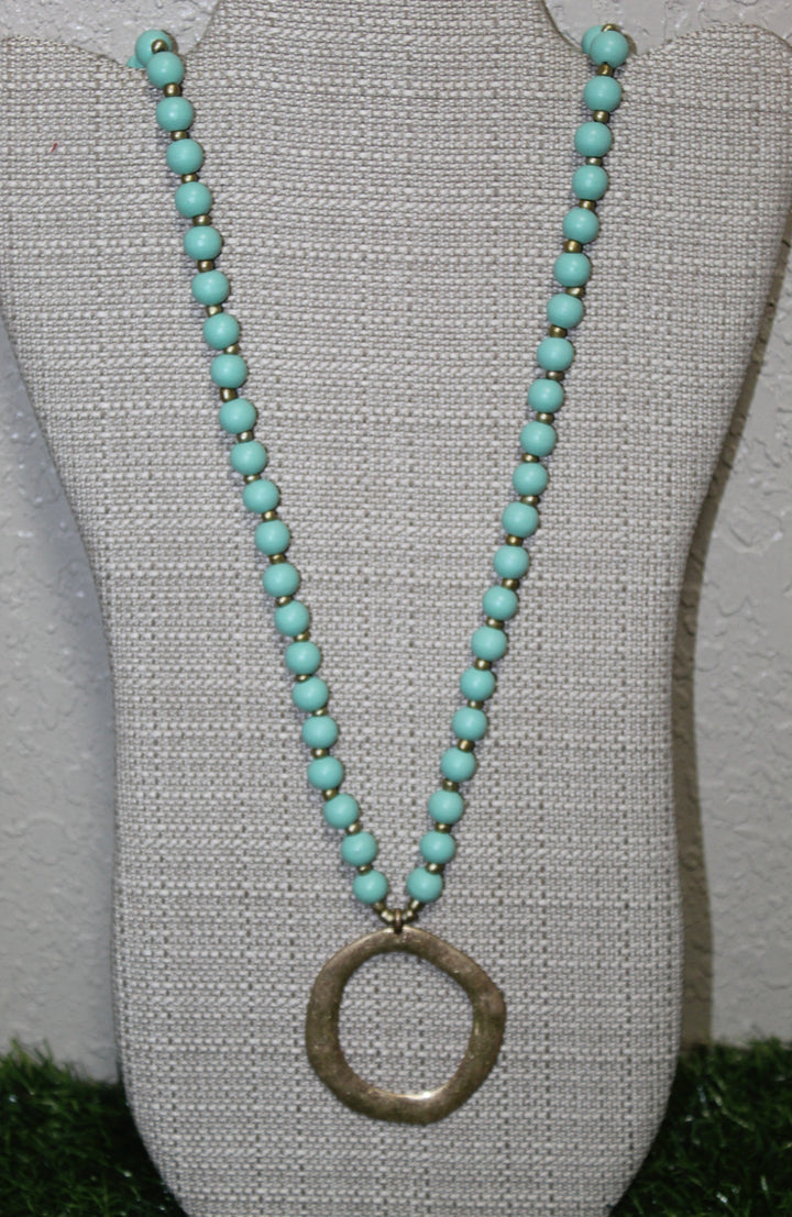 Wooden Beaded Necklace with Gold Pendant