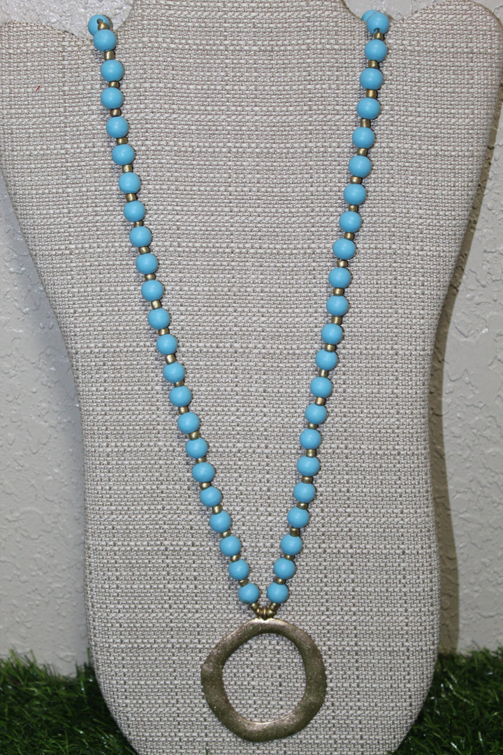 Wooden Beaded Necklace with Gold Pendant
