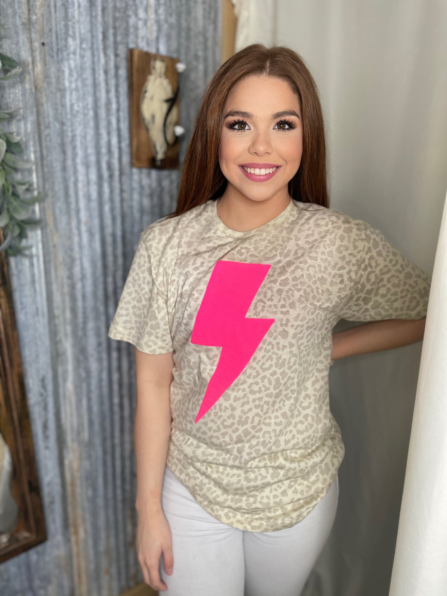 Natural Leopard Lightening Bolt Tee