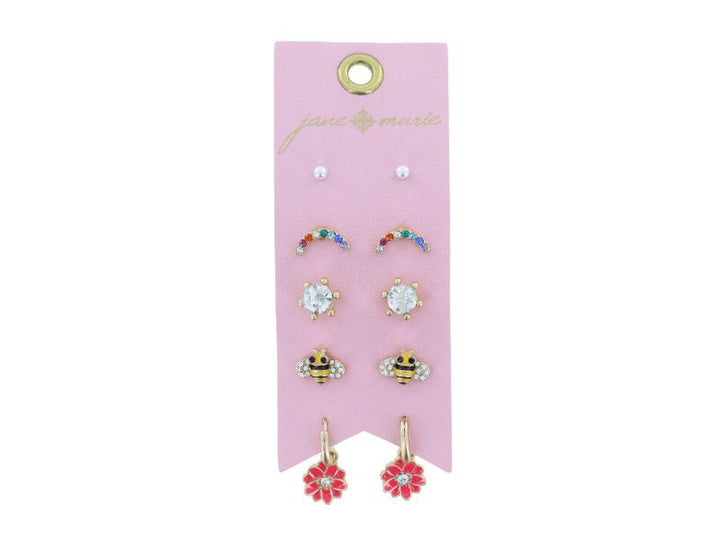 KIDS PEARL, CRYSTAL ARCH, CRYSTAL, BEE, HUGGIE WITH PINK FLOWER EARRINGS