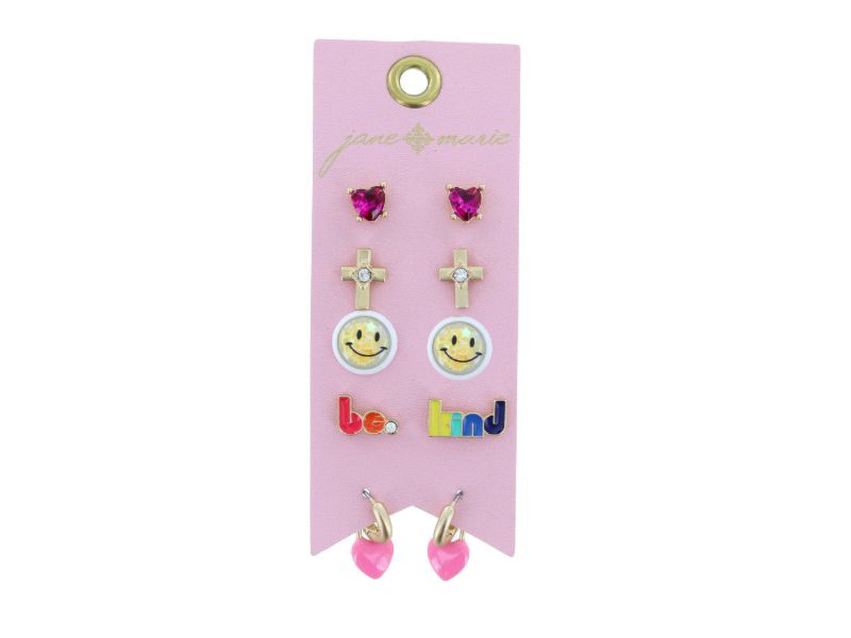 KIDS PINK CRYSTAL HEART, CROSS, STAR GLITTER HAPPY FACE, "BE KIND" STUDS, PINK HEART HUGGIE EARRINGS