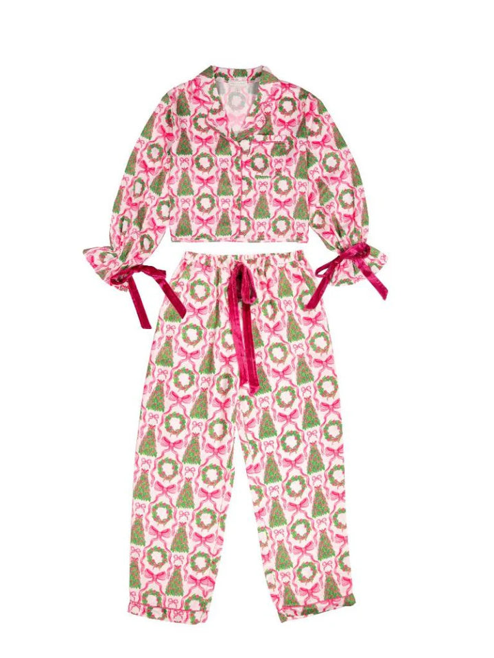 Youth | Simply Southern| Pink Christmas Wreath Bow Pajamas
