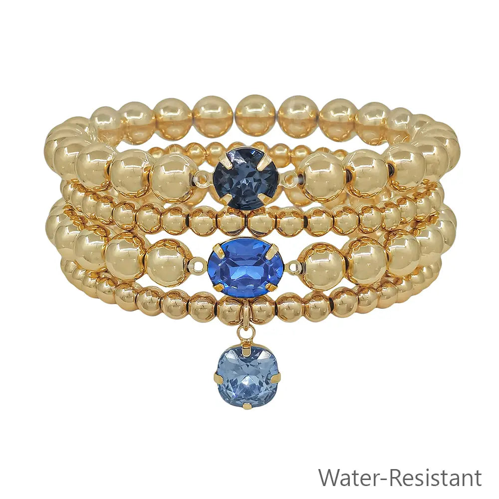 Gold Beaded with Navy Crystal Accents Set of 4 Stretch Bracelets
