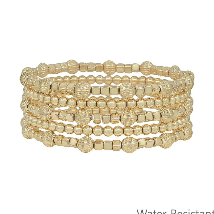 Gold Beaded with Cross Set of 5 Stretch Bracelets