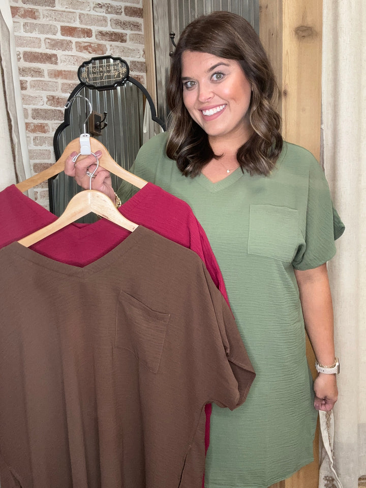 WOVEN AIRFLOW V NECK T SHIRT DRESS WITH POCKETS | Brown