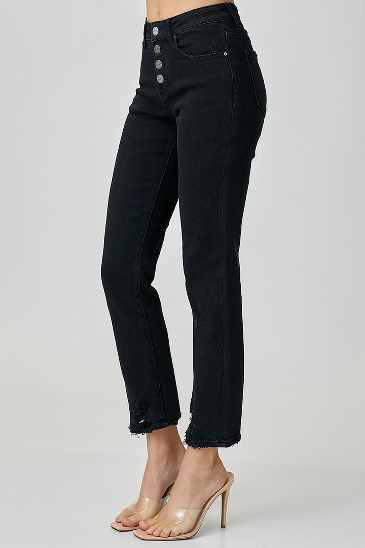 Black Mid Rise Button Down Slim Tapered Jeans