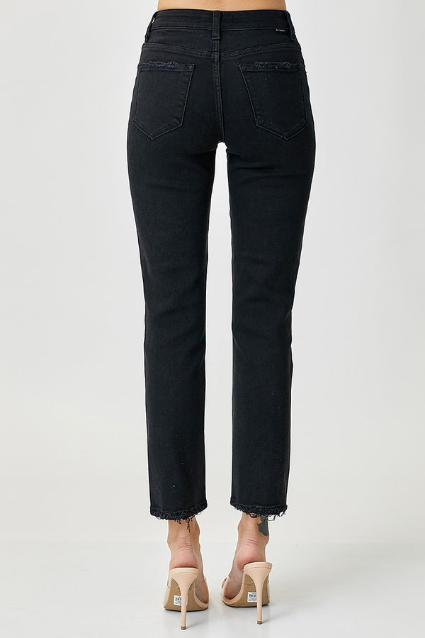 Black Mid Rise Button Down Slim Tapered Jeans