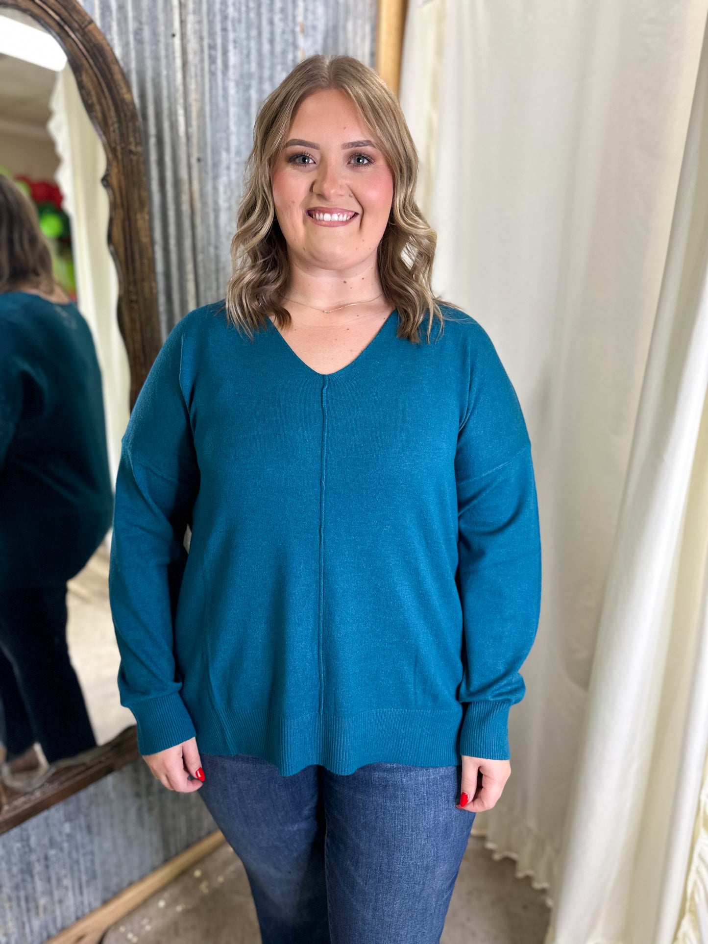 Curvy Front Seam Sweater - Ocean Teal