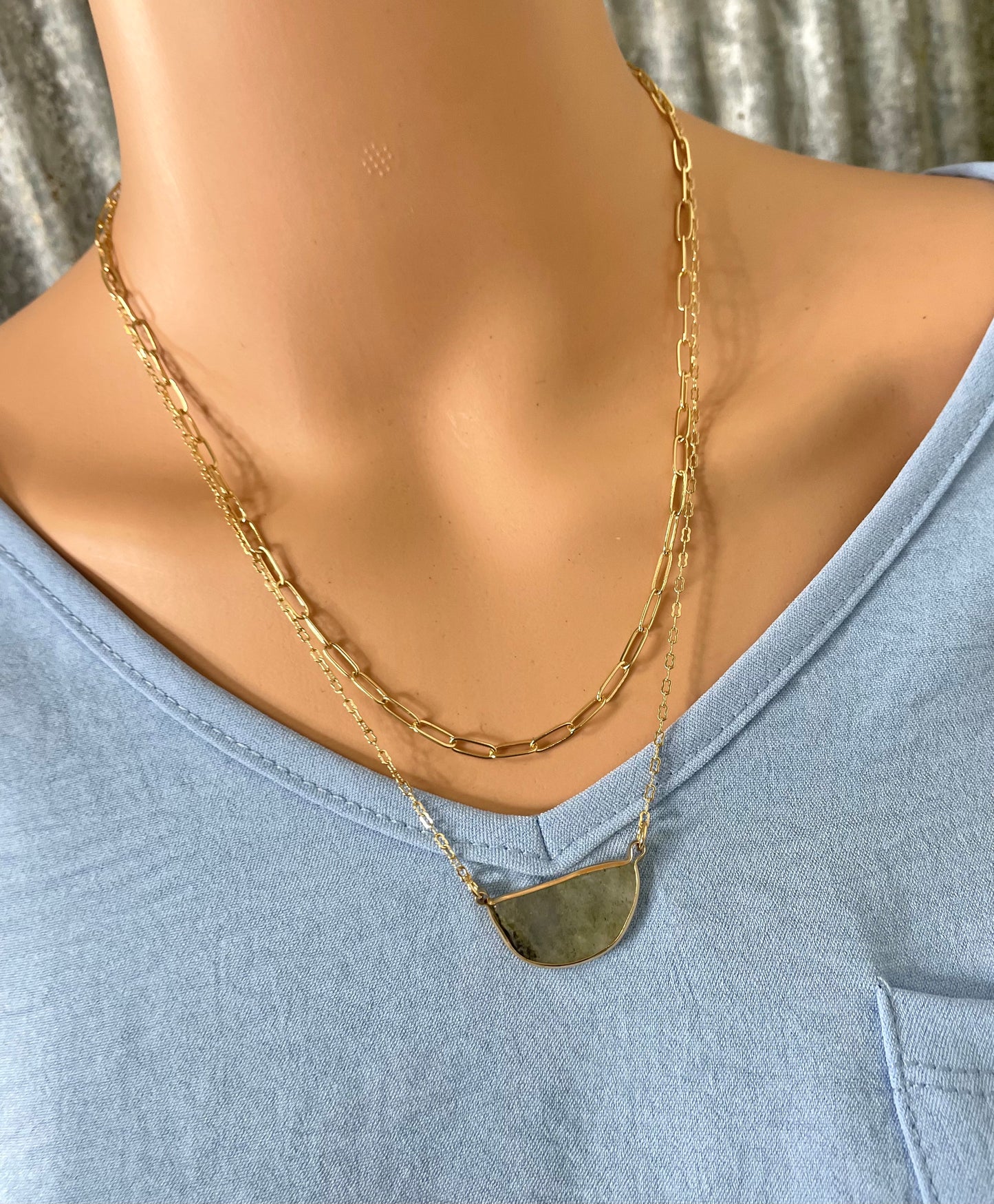 Double Layer Paper Clip Chain & Half Circle Pendant Necklace