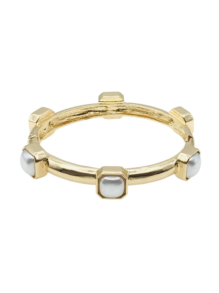 Hammered Gold with Pearl Square Stone Stretch Bracelet